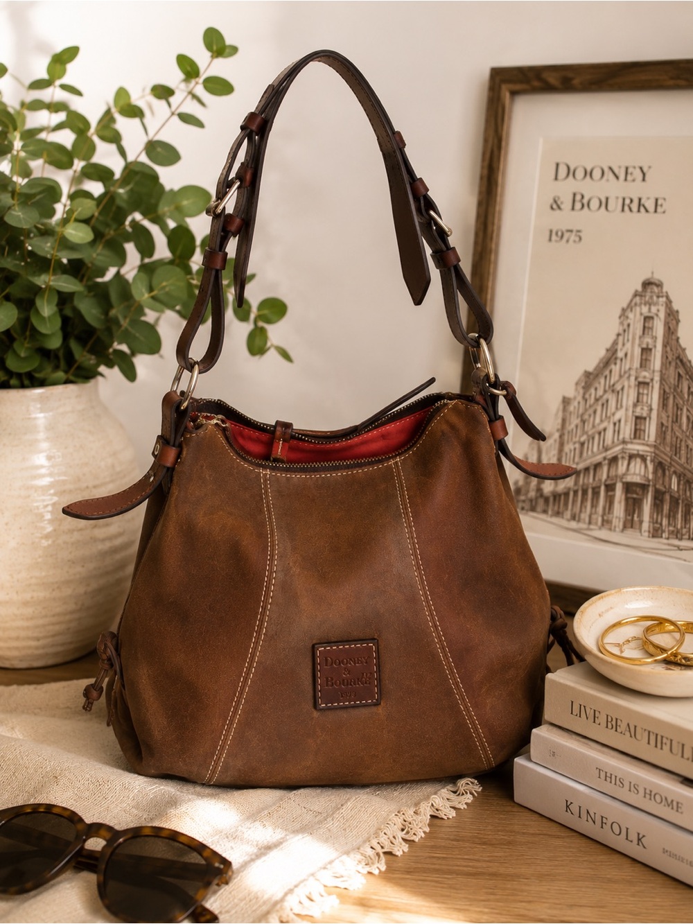 Dooney & Bourke Florentine Leather Hobo Shoulder Bag Brown Large Red Lining USA